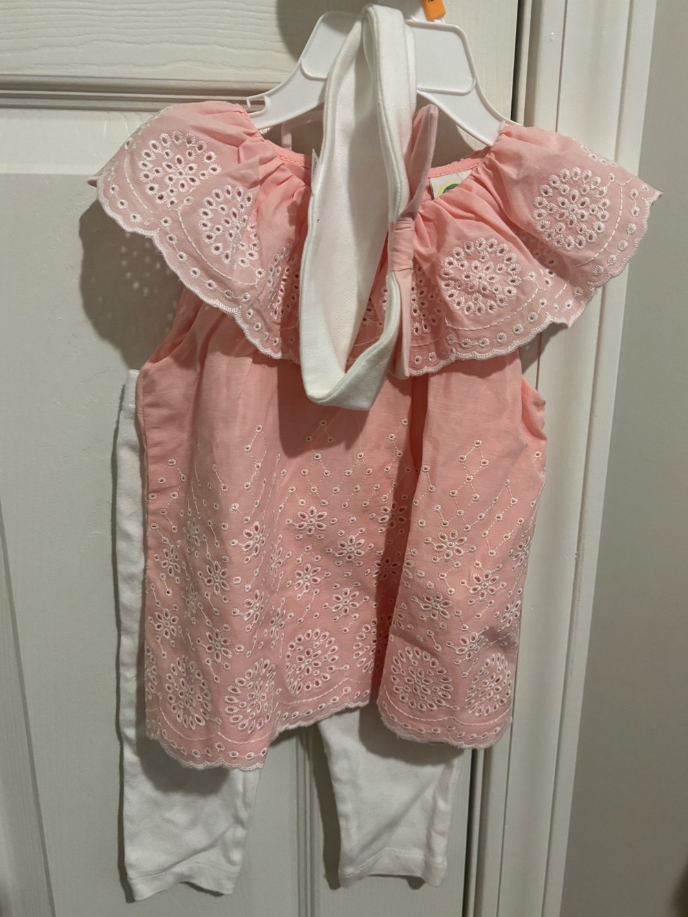 Little Me Pink Eyelet Ruffle Top with White Leggings and Headband